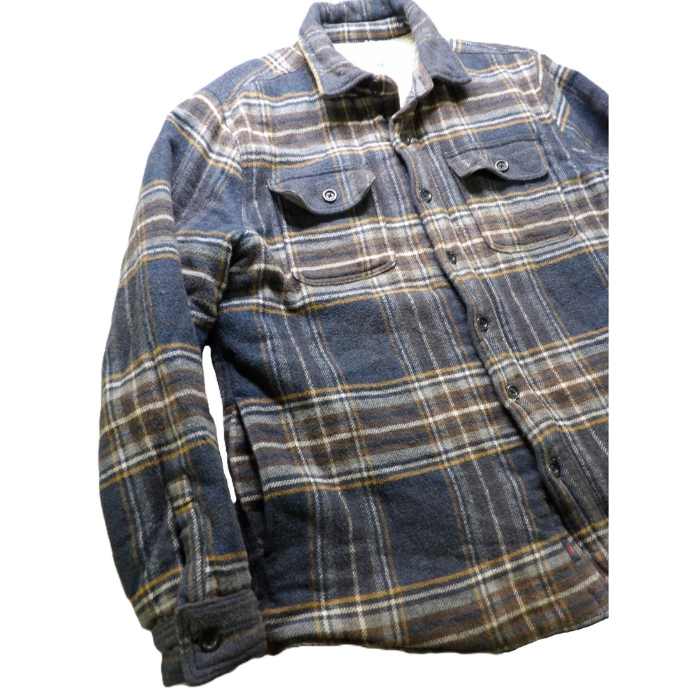 Faherty Men L Vintage Blue Plaid Sherpa High Pile Fleece Wool CPO Shirt Jacket - Picture 14 of 16